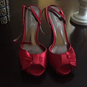 Charles David Red satin 4 inch strapless heels